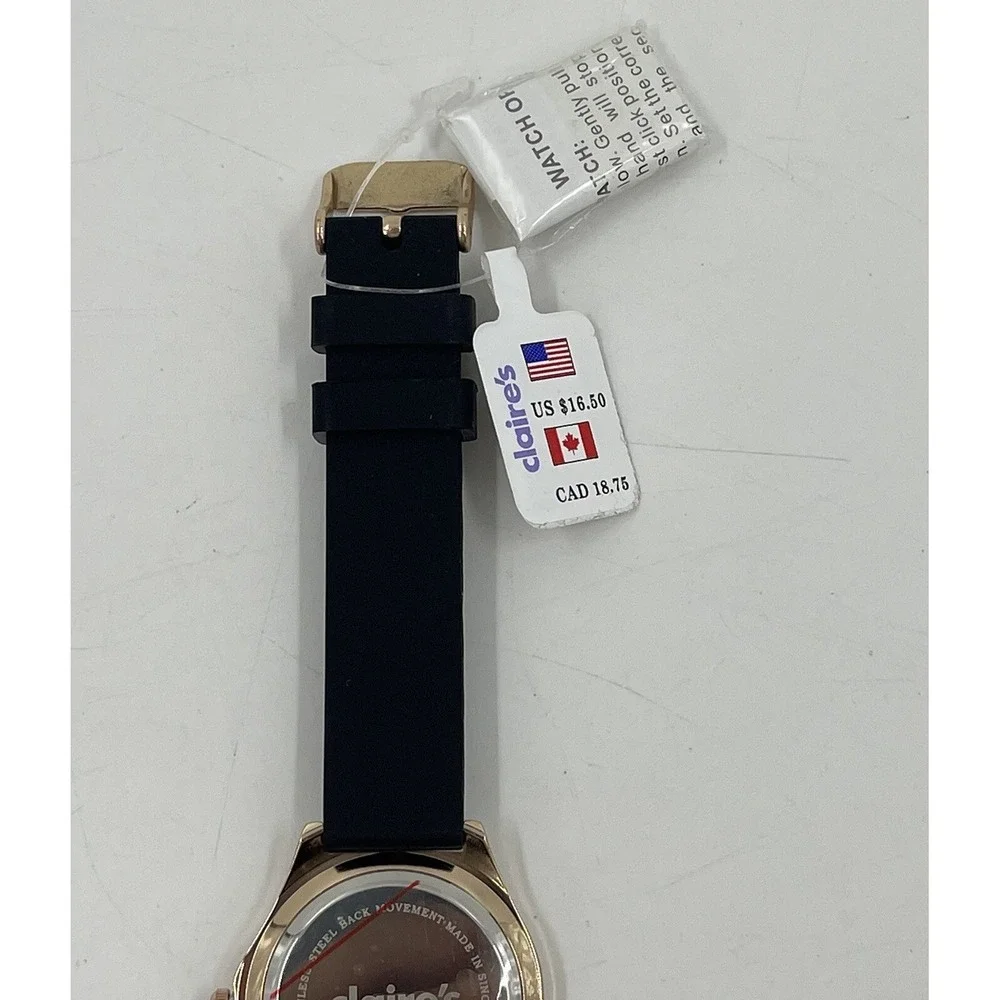 Women's Rose‎ Gold Tone Claire's watch, Black Poly Band Crystal Accents